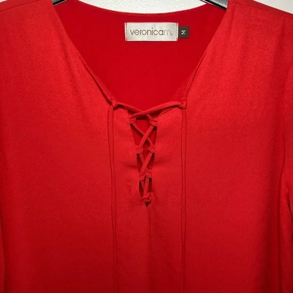 Veronica M Red Shift Dress with Lace Up Front, 3 quarter sleeve. Size Medium - Picture 4 of 4